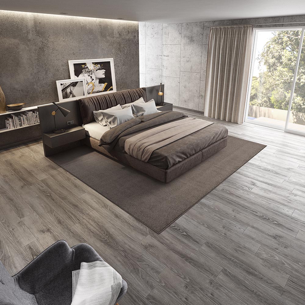 Quarto moderno com carpete &Agrave; la Carte sob medida ao redor da cama.